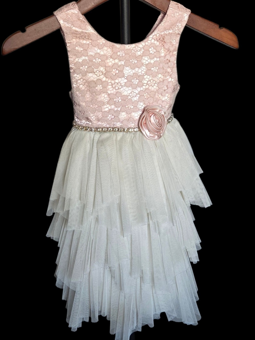 American Princess Pink Lace Bodice Ivory Layered Tulle Dress with Rosette Sz 4T